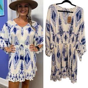 NWT- Romantic Gypsy- Women’s Blue & White Plus Size Conch Waist Dress, Size 2X